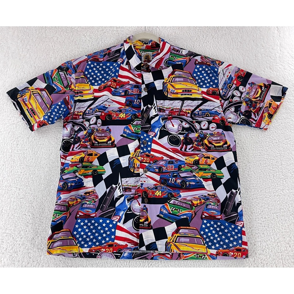 Max Boxxer Blue Car Racing Button-Up Casual Shirt‎ Mens Short Sleeve VTG Size L